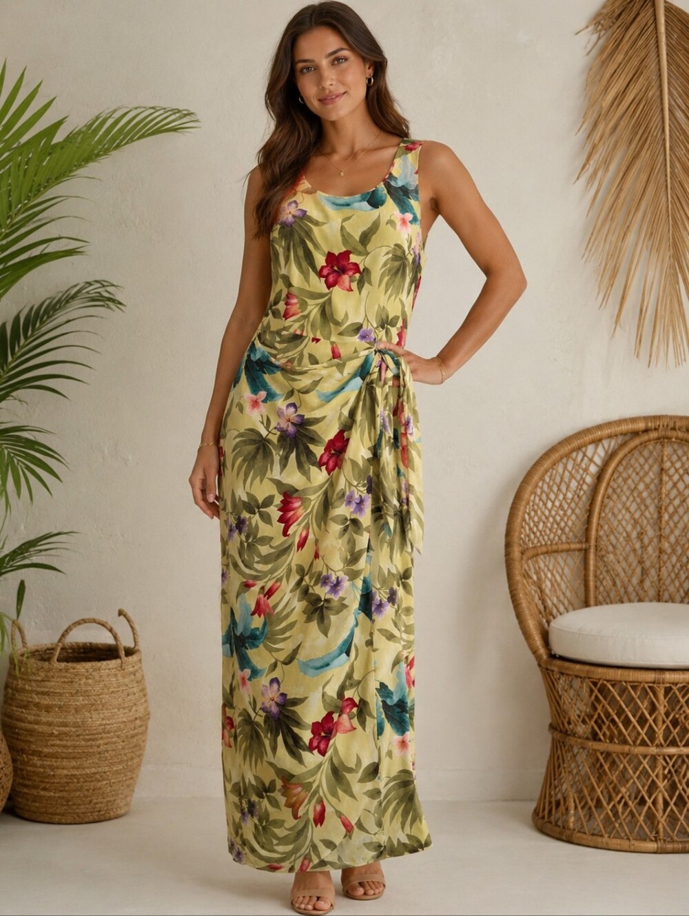 August Hale 100% Silk Tropical Floral Maxi Dress Size 10